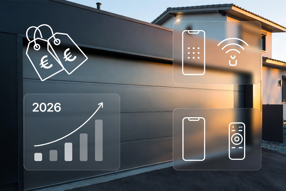 Porte de garage sectionnelle aluminium anthracite motorisée sur une maison moderne, illustrant le prix d'une porte de garage en 2026